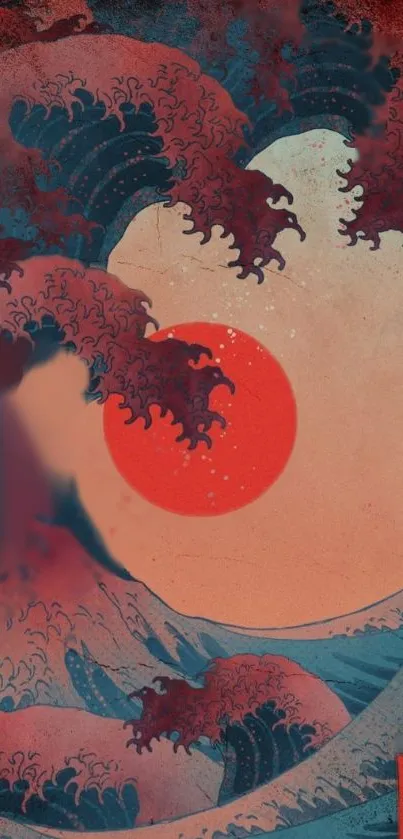 Red sun and ocean waves in Japanese art style wallpaper.