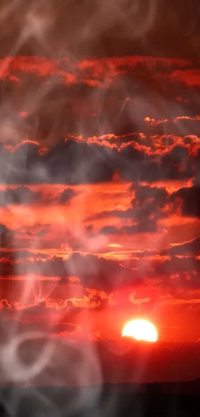 Fiery red sunset with dramatic clouds.