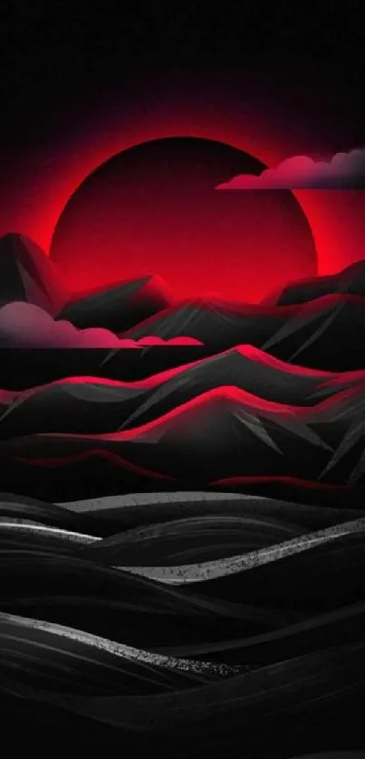 Red sunset over stylized mountains with clouds.