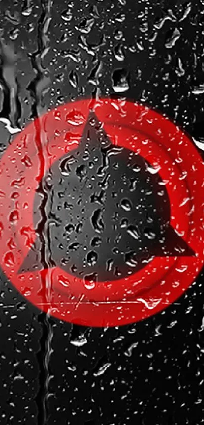 Red symbol on rain-covered black glass, modern wallpaper.