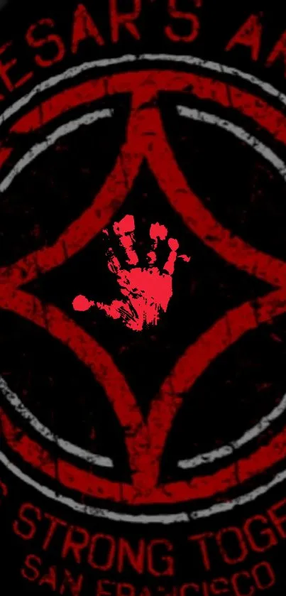 Red handprint and symbol on dark background in wallpaper style.