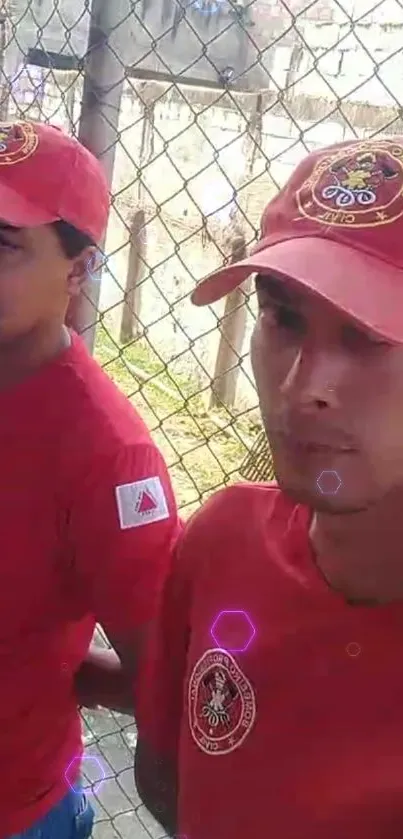 Two individuals in red attire by a fence, capturing team spirit.