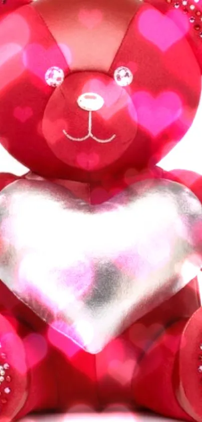 Red teddy bear holding a silver heart with stylish accents.