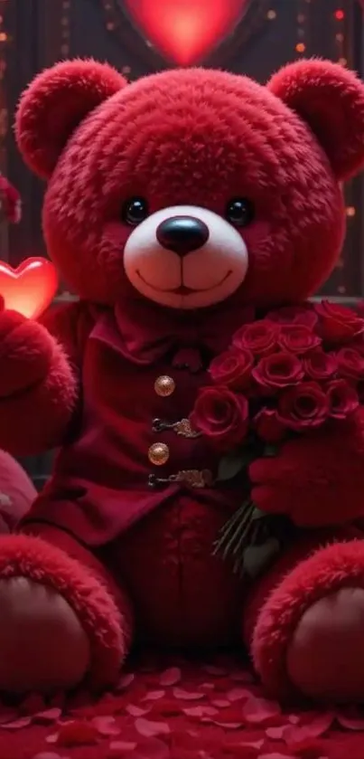 Red teddy bear with roses and heart.