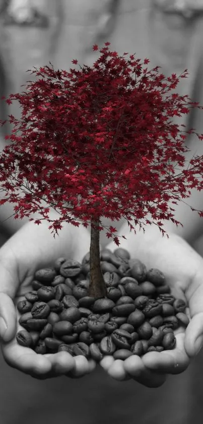 Hands holding a red tree with coffee beans, artistic design.