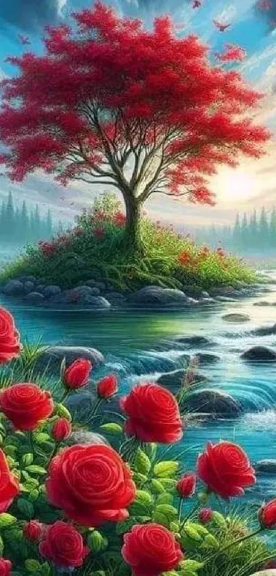 Vibrant red tree on a serene island landscape with flowing river.