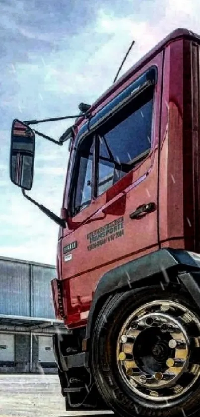 Red truck parked at an industrial loading dock with a blue sky backdrop.