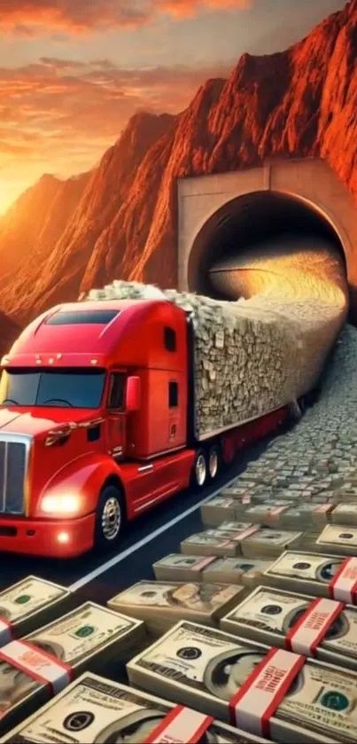 Red truck driving through a tunnel filled with cash.