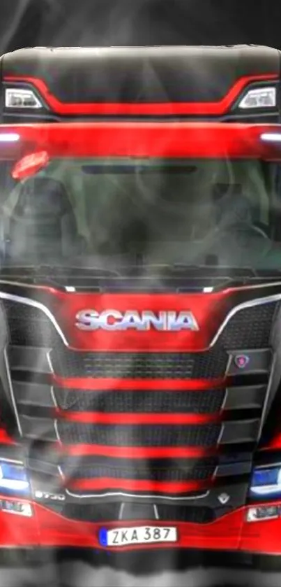 Red Scania truck wallpaper with smoky effect on a mobile screen.