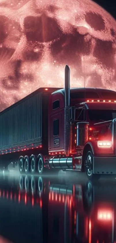 Red truck under a vibrant moonlit sky reflecting on a wet road.