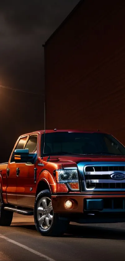 Red truck on a dark city street at night with glowing street lights.