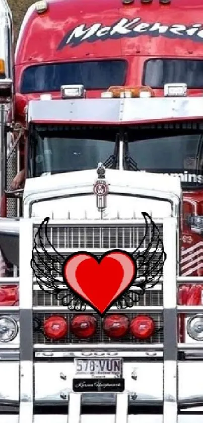 Red truck with chrome details and heart motif on front grille.