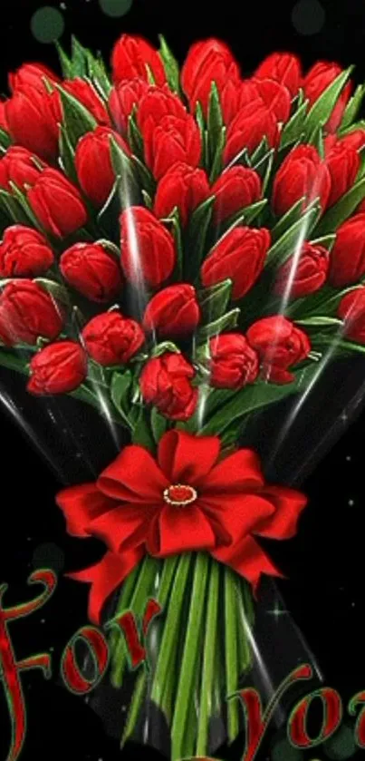 Mobile wallpaper featuring a vibrant bouquet of red tulips and green leaves.