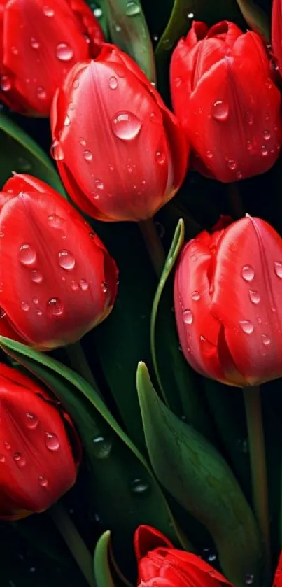 Vibrant red tulips with water droplets on petals.