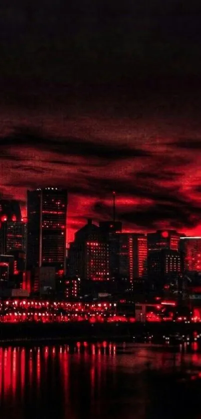 Red urban skyline at night, city lights glow.