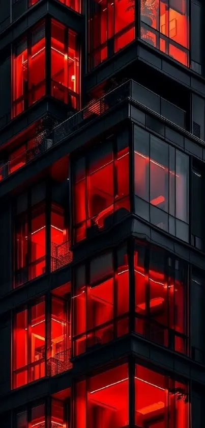 Red-lit city skyscraper at night.