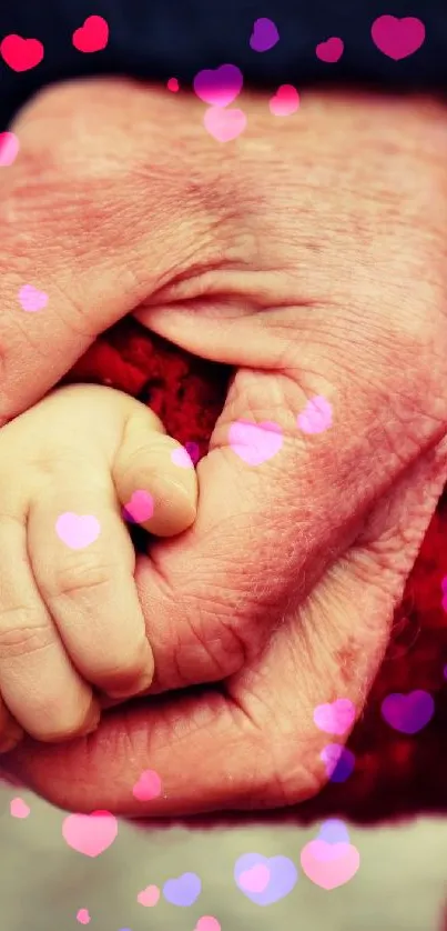 Child and adult hands together in a red coat, symbolizing warmth and connection.