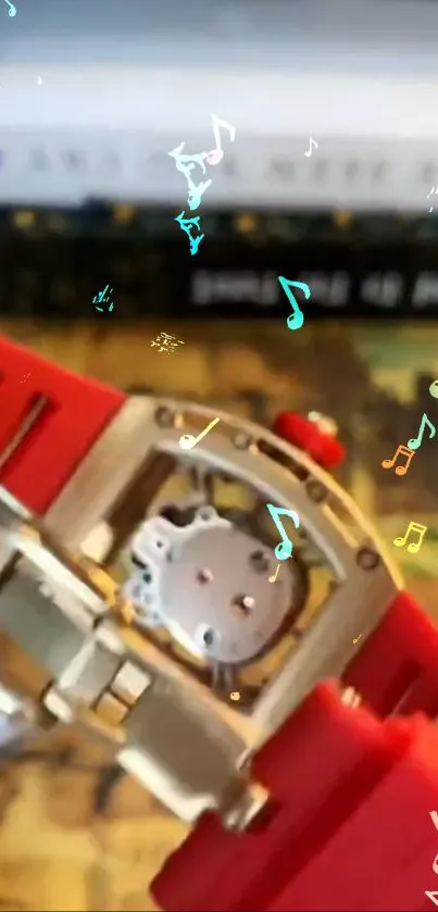 Red watch adorned with colorful musical notes.