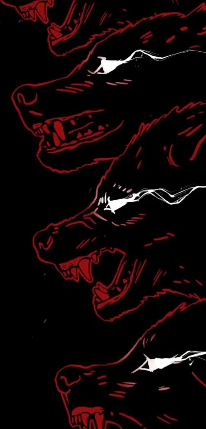 Red outlined graphic wolves on a black background.