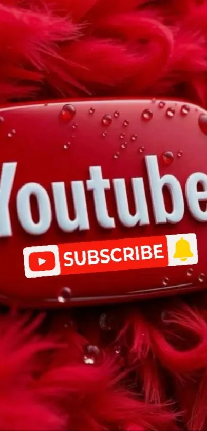 Red YouTube Subscribe button wallpaper with feathers and water droplets.