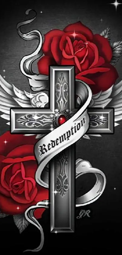 Redemption cross with roses and wings on a black background.