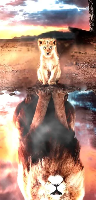 Young lion in desert with reflection on water surface.