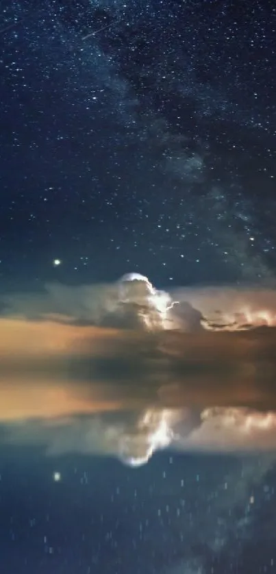 Sailboat on a reflective lake under a starry night sky.