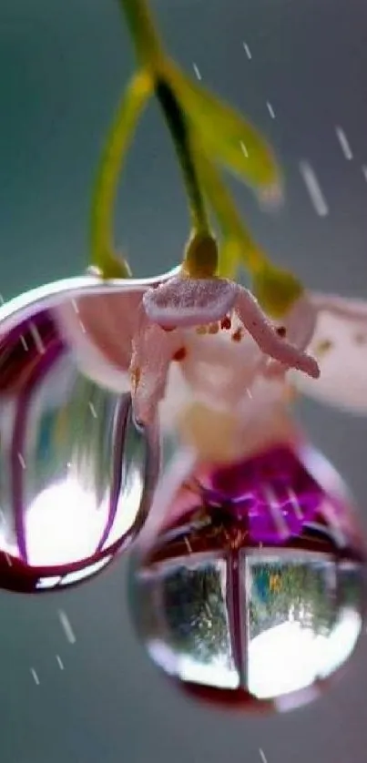 Close-up of flower dewdrops reflecting vibrant colors.