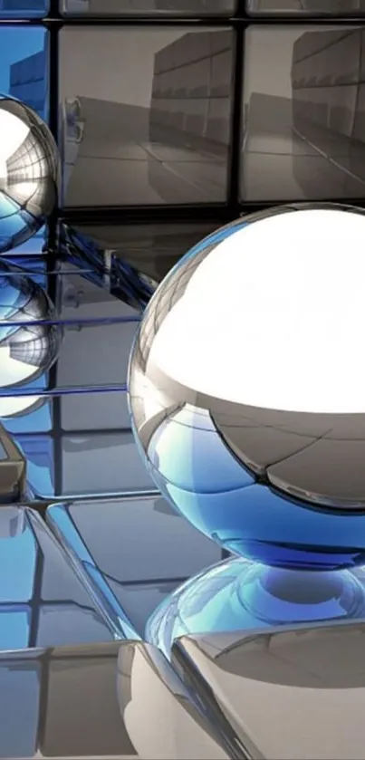 Reflective metal spheres with geometric design in blue-gray tones.