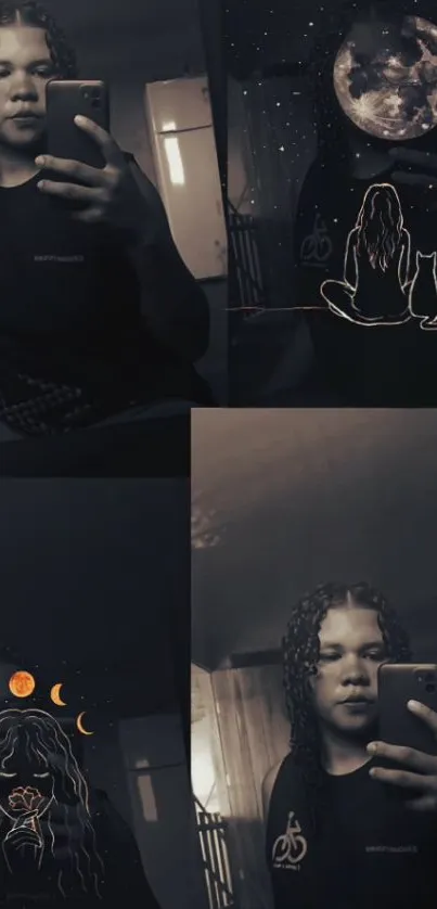 Reflective collage with moon illustration.