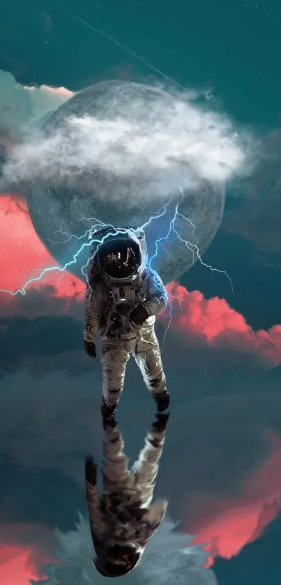 Astronaut standing on reflection under moon with dramatic cosmic background.