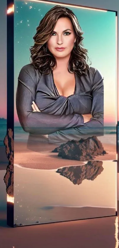 3D beach portrait reflection in a mobile wallpaper with serene scenery.