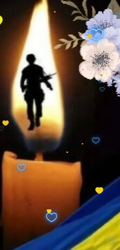 Candlelight wallpaper with soldier and flowers on a dark background.