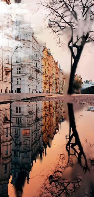 Reflective cityscape with buildings, tree, and cloudy sky.