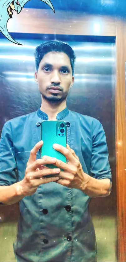 Elevator mirror selfie with creative graphics and vibrant colors.