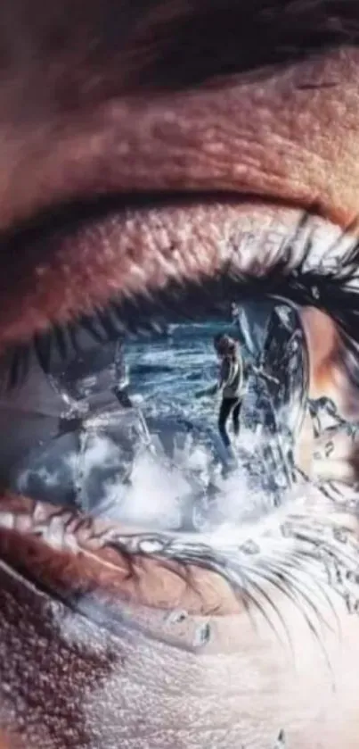 Close-up eye with reflective landscape in surreal style.