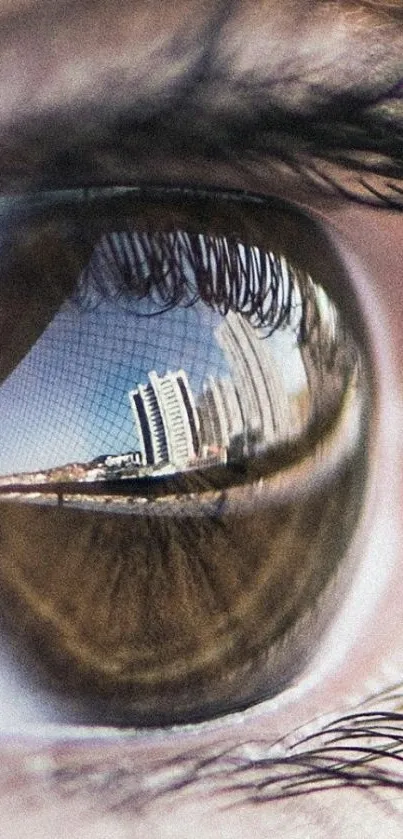 Close-up photo of an eye reflecting a cityscape, creating a unique visual effect.