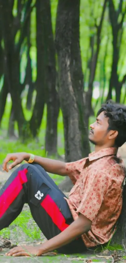 Man sitting against a tree in a forest, reflecting in nature.