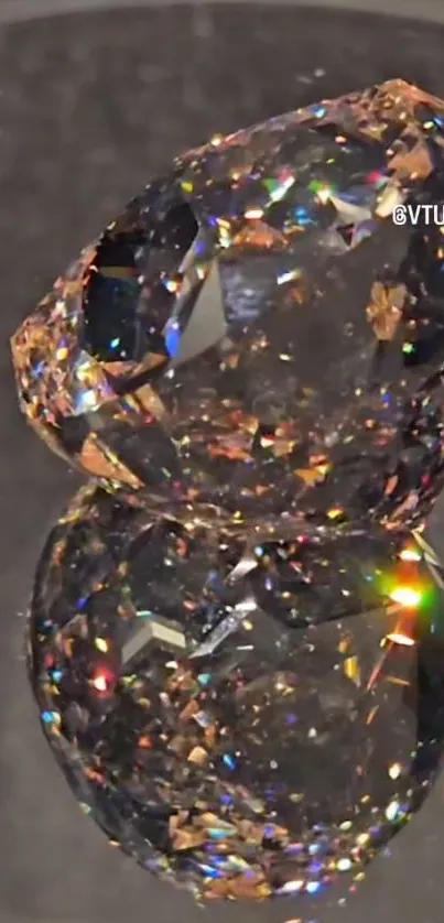 A shimmering gemstone reflecting light on a dark glossy surface.