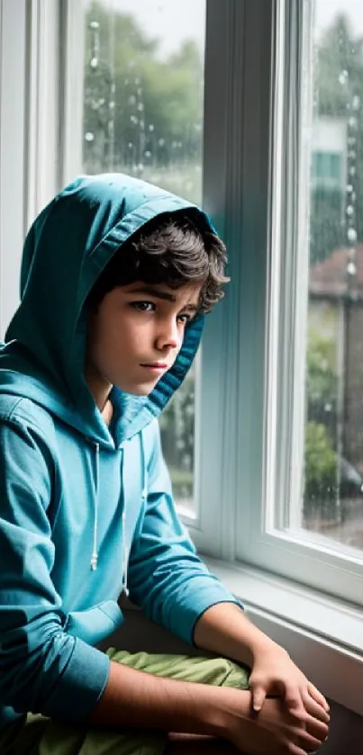 Boy in blue hoodie gazing out rainy window, reflecting introspective mood.