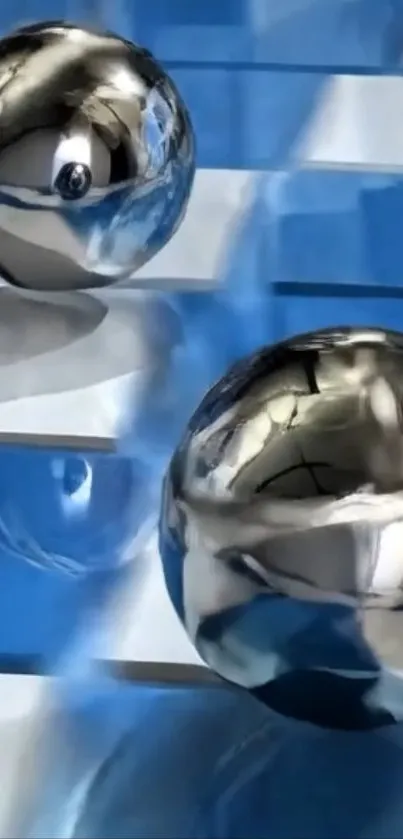 Reflective metallic balls on a blue surface wallpaper.
