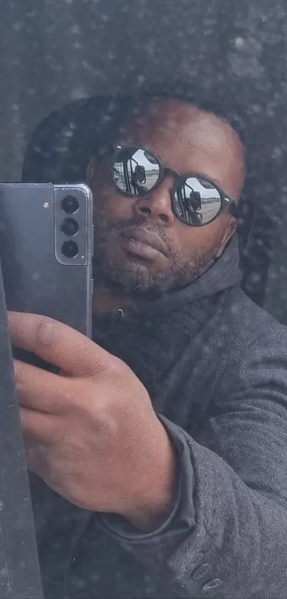 Man taking a selfie in a window reflection with sunglasses and smartphone.