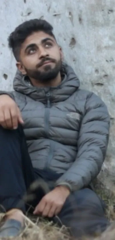 Man in grey jacket sitting against a tree, looking reflective.