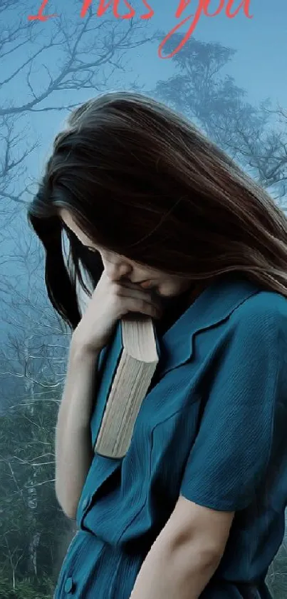 Woman holding a book in misty forest background