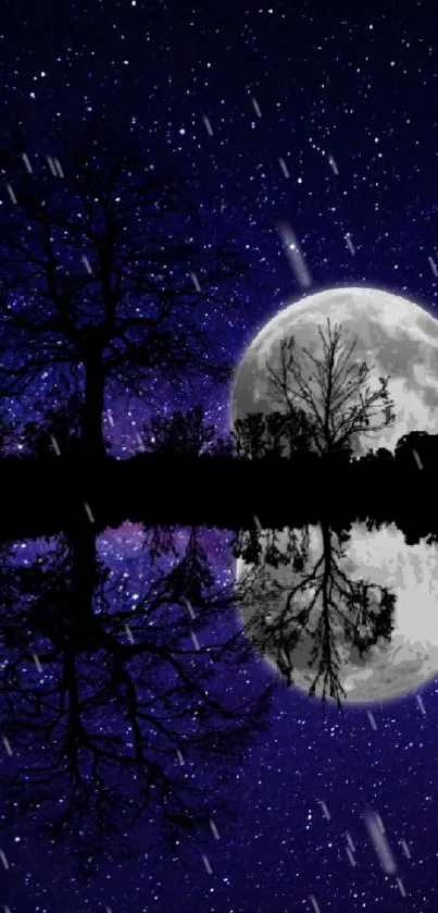 A reflective night sky with moon and tree silhouette in deep blues and purples.