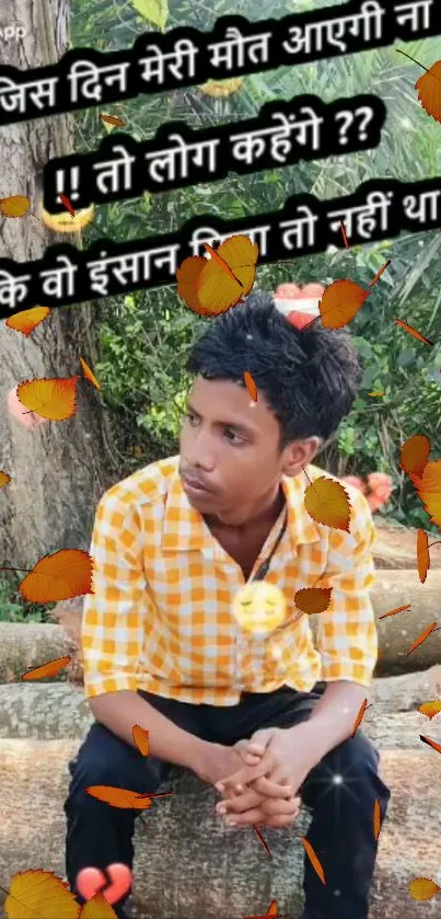 Thoughtful man in nature with colorful leaves backdrop.