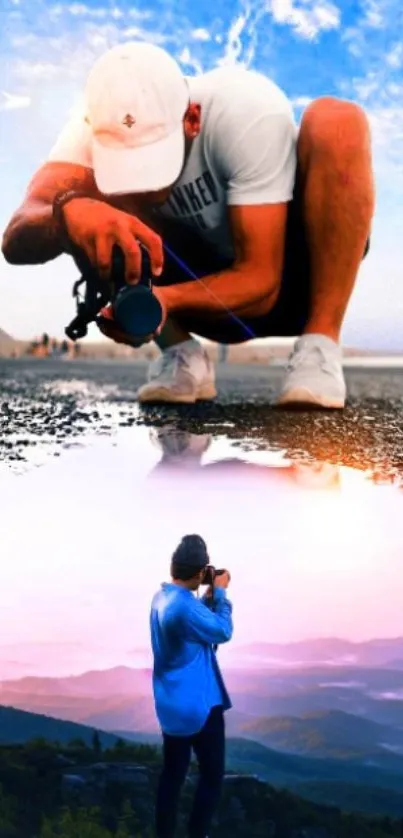 Reflective photography wallpaper featuring photographers in scenic nature.