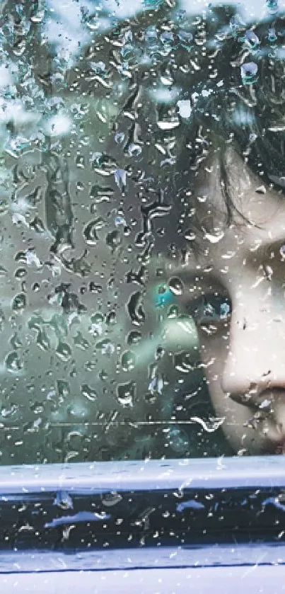 Child looking out car window with raindrops on glass.