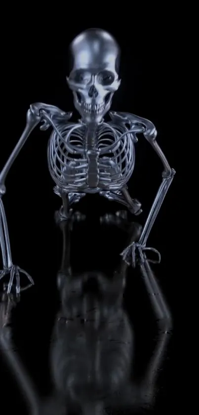 Reflective silver skeleton over a black background.
