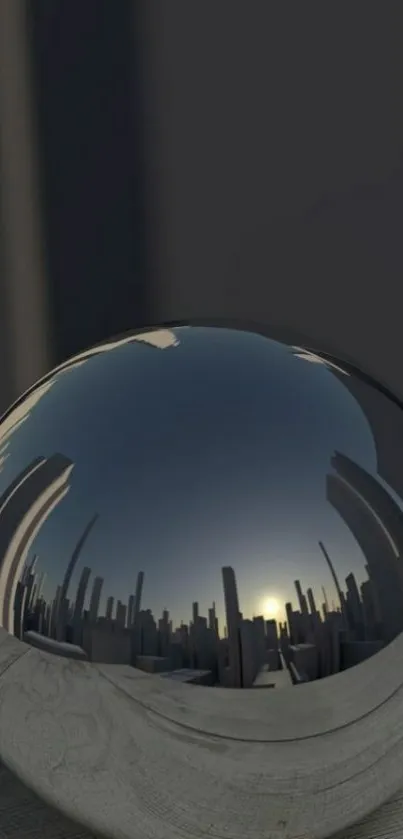 Reflective sphere with cityscape reflection and sunset backdrop.